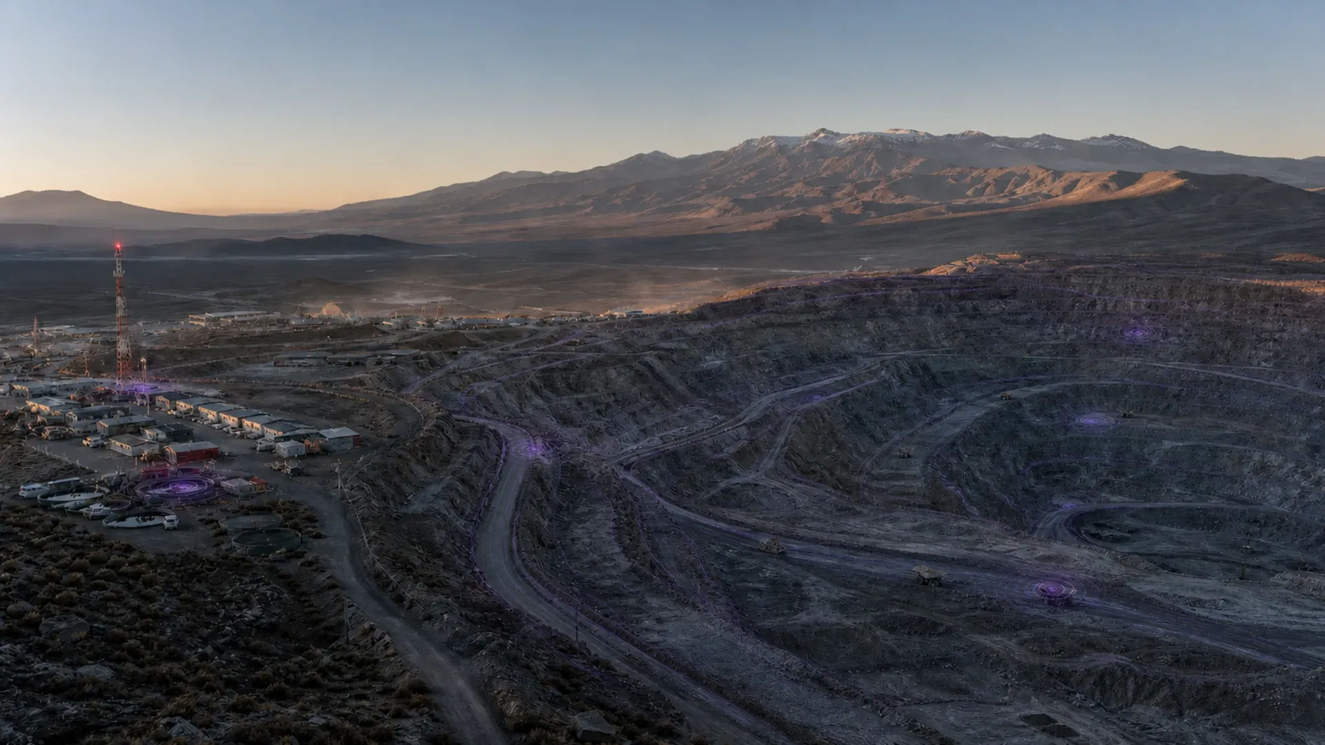 Faena minera a cielo abierto en el norte de Chile al amanecer