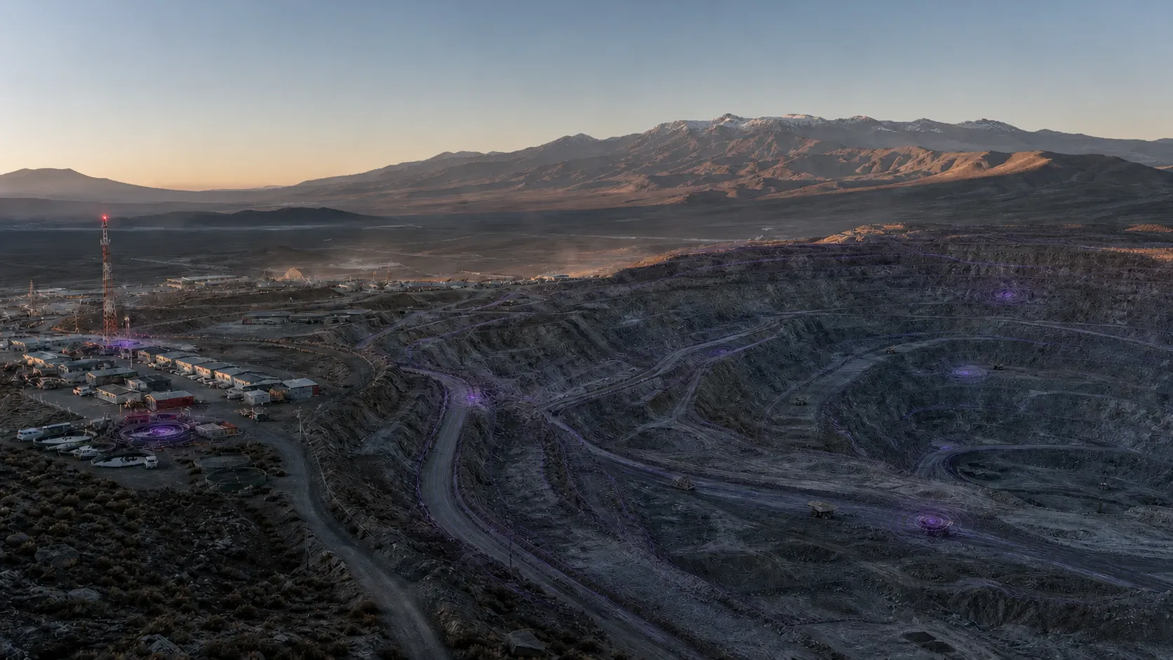 Faena minera a cielo abierto en el norte de Chile al amanecer
